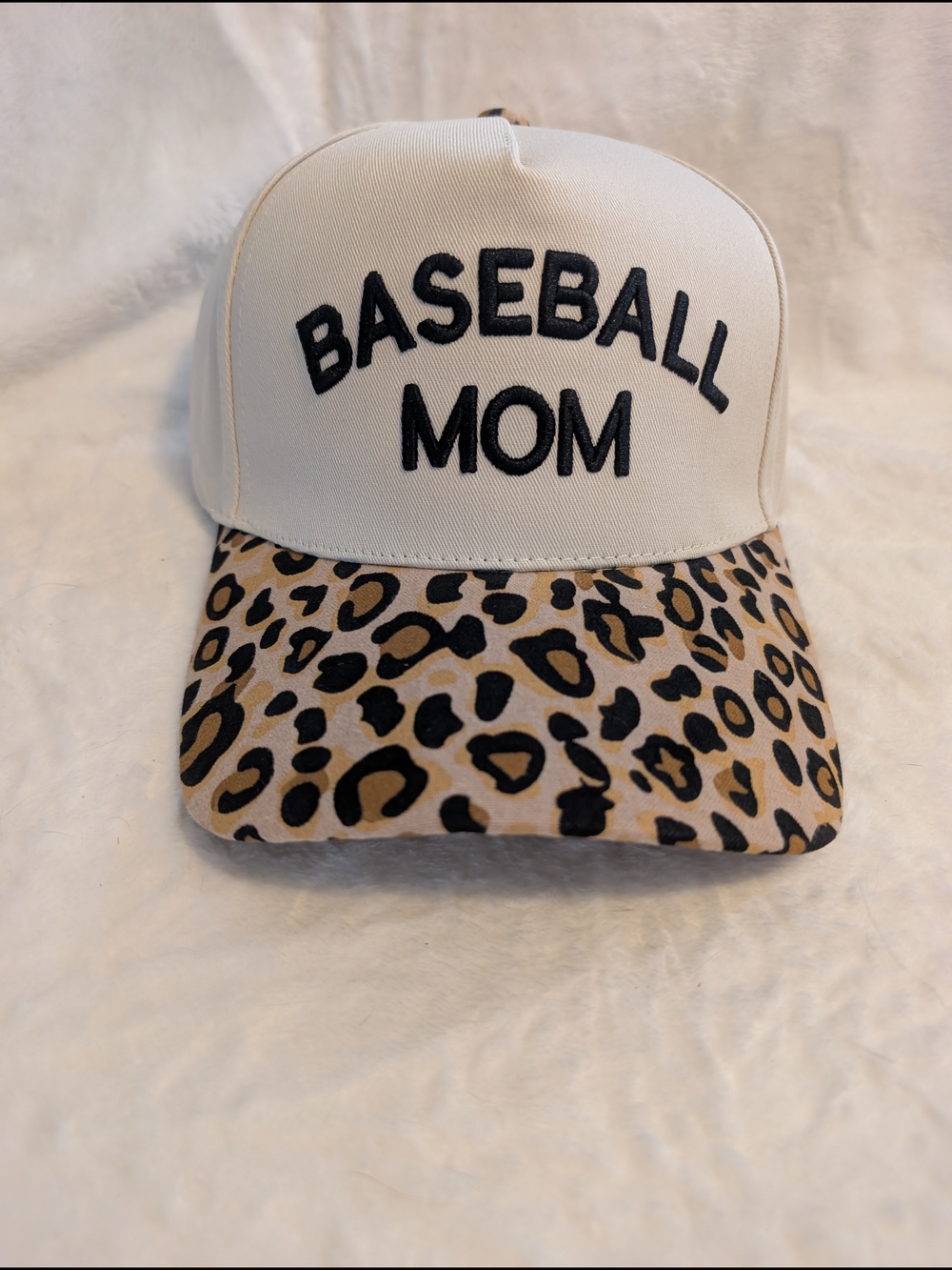 Zenana Outfitters Baseball Mom Trucker Hat with Leopard Brim - White & Tan